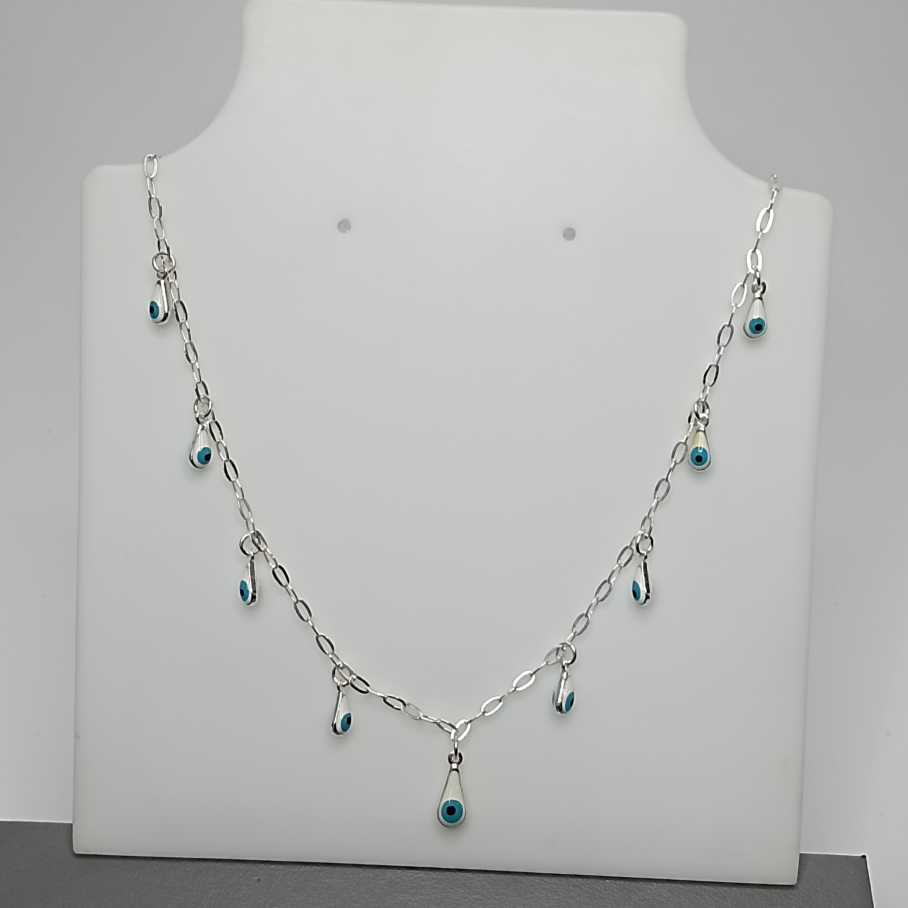 Gargantilha Olho Grego Branco Tipo Gota Pendente Fio 45cm #G3-02